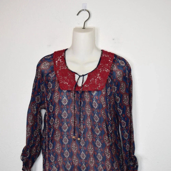 Lucky Brand Floral Crochet Peasant Blouse Sz M Crinkle Sheer Southwestern Boho - Picture 2 of 16